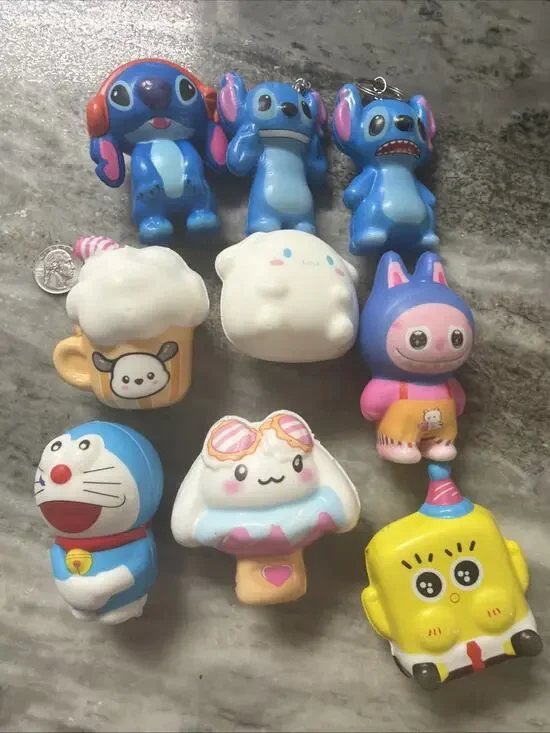 LOT OF 9 FOAM SQUISH NEW KIDS STICH SPONGEBOB KAWAII KUROMI LABUBU A9