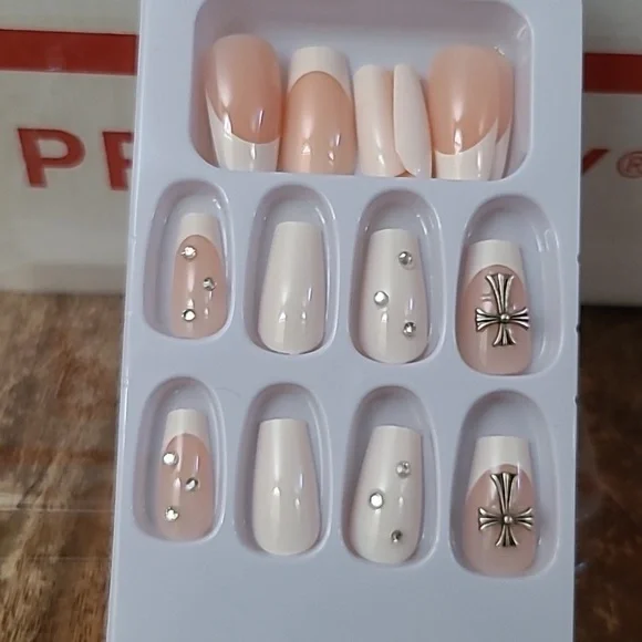 2/$16 Rhinestone Cross French Manicure Press On Nails