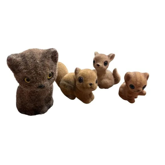 Vintage Flocked Animal Figurine Lot Cat Chipmunk Deer Miniature Fuzzy Toys 4pc