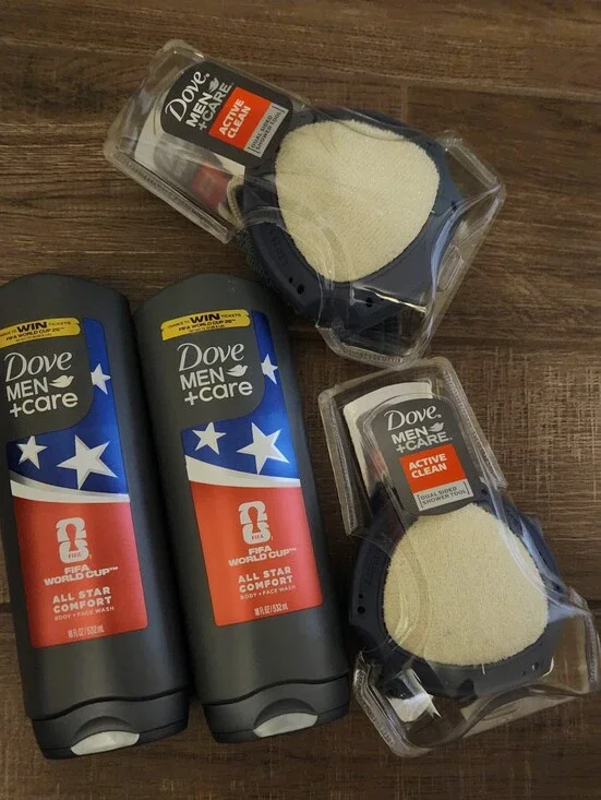 4 Items... 2 Dove Men+Care Red & Blue Body Wash And 2 Scrubbers