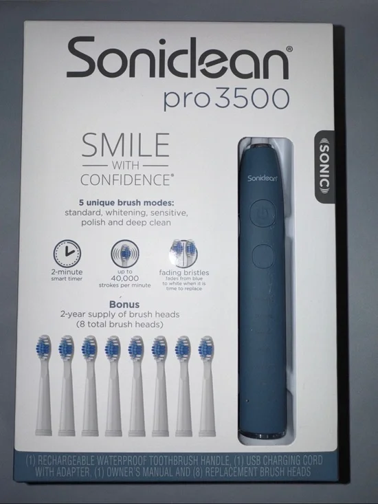 Soniclean Pro 3500, 5 Modes, 8 Brush Head replacements, NEW Navy Blue
