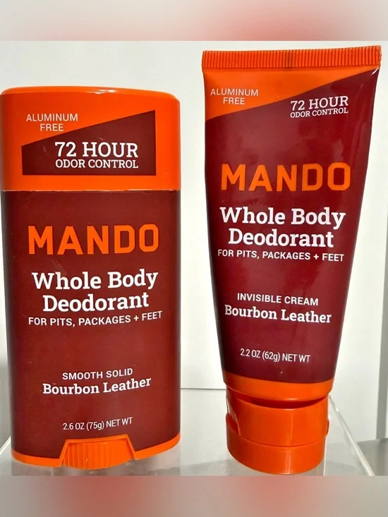 2 x MANDO Whole Body Deodorant BOURBON LEATHER Cream & Solid 72hr Odor Control