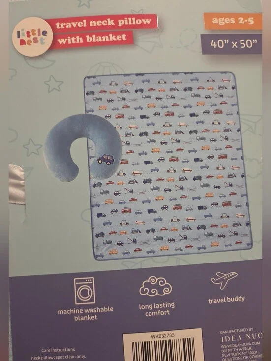 Boys Toddler Blue Kids Travel Blanket with Neck Pillow