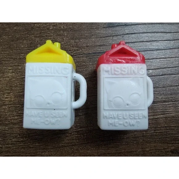 Lot Of 2 Doll-Sized Milk Carton Missing Cat Red Yellow Lid Z9