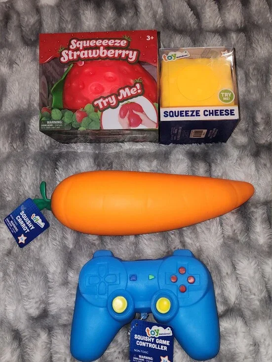 NIB/New Fidget Toy Bundle - Squishy Strawberry, Cheese, Carrot & Game Controller
