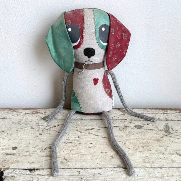 Pinky Swear Handmade Patchwork Dog Plush Art Doll Linen Plaid Floral 11in