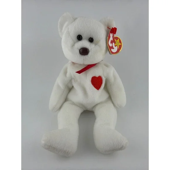 Ty Valentino Beanie Baby Bear Small White Red Heart Vintage Y2K‎ Retro Plush