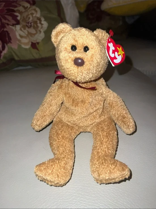 Curly TY Classic Brown Plush Teddy Bear with Red Ribbon