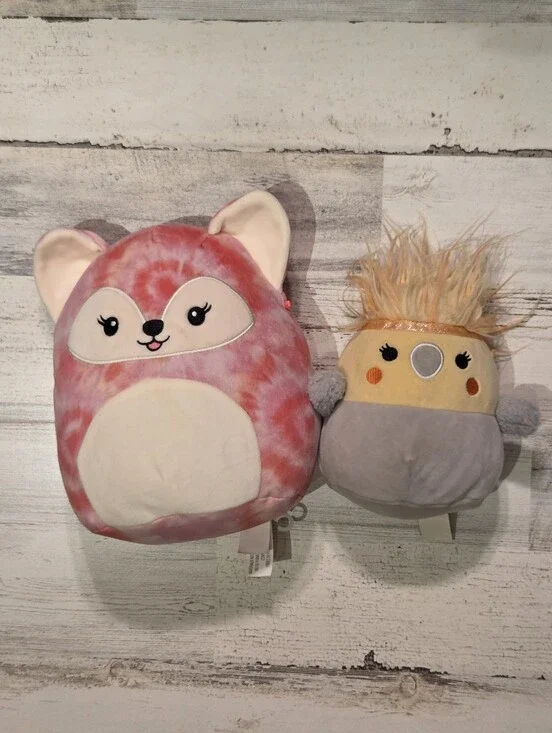 Squishmallow Pink Tie-Dye Fox Plush & Cockatiel Mizti / Cazlan & Sabine Lot Of 2
