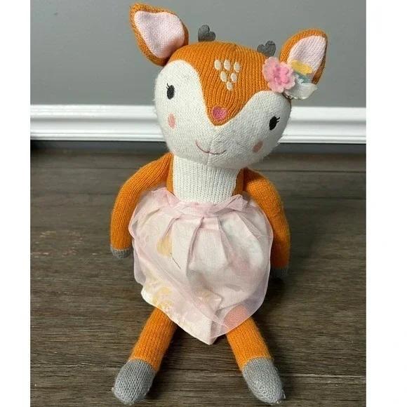 The Peanut Shell Knit Woodland Whimsy Fawn Plush Deer Orange Pink Tutu Toy