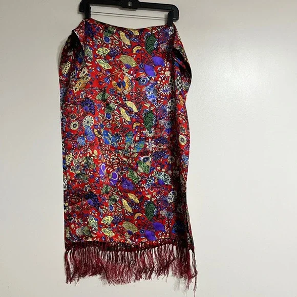 Handmade 100% Silk‎ Scarf Red Floral Butterfly Fan Print Fringe Wrap 22x62