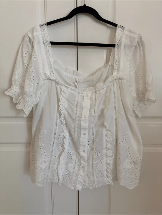 Anthropologie White Eyelet Ruffle Button-Front Women's Top