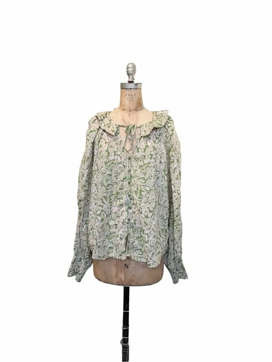 Anthropologie NWT Green/Pink Floral Ruffle-Neck Women’s Blouse Cottagecore XL