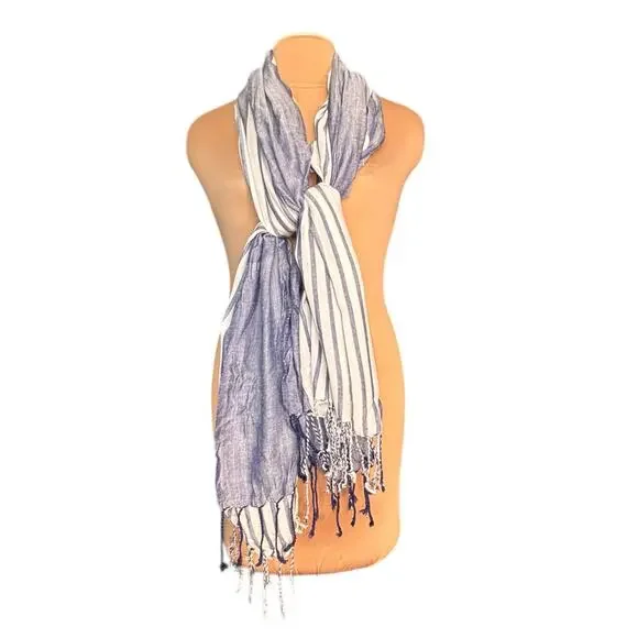 Blue White Striped Tassel Fringe Scarf Shawl Wrap‎ Lightweight Boho Coastal