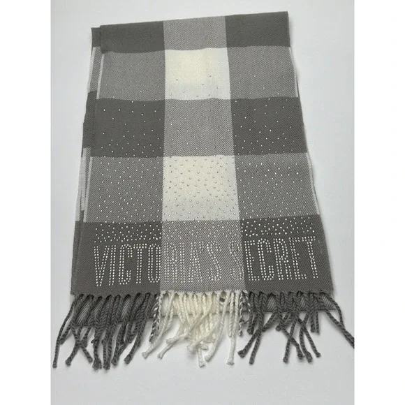 Victoria's Secret Grey White Plaid Rhinestone Scarf Crystal Logo Fringed‎