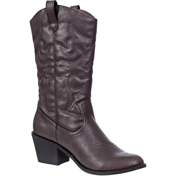 Women's Brown Mid Calf Boot Embroidered Stiching Western Cowgirl Boots Low Heel