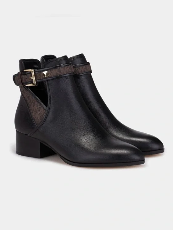Michael Kors Black Leather Ankle Booties with Logo Strap and Gold Buckle Size 6