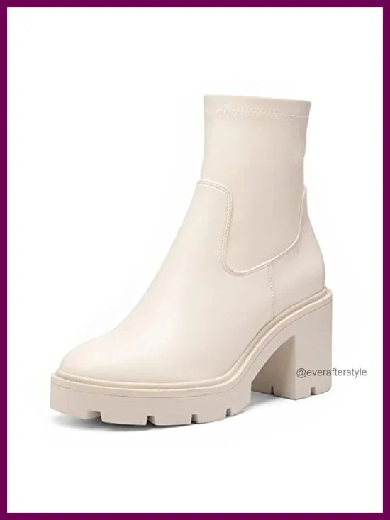 Women's Chelsea Ankle Boots Chunky Heel Lug Sole Faux Leather Pull-On Booties