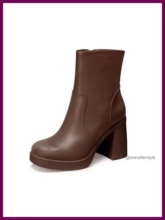 Women's Platform Ankle Boots Square Toe Chunky Block Heel Zip PU