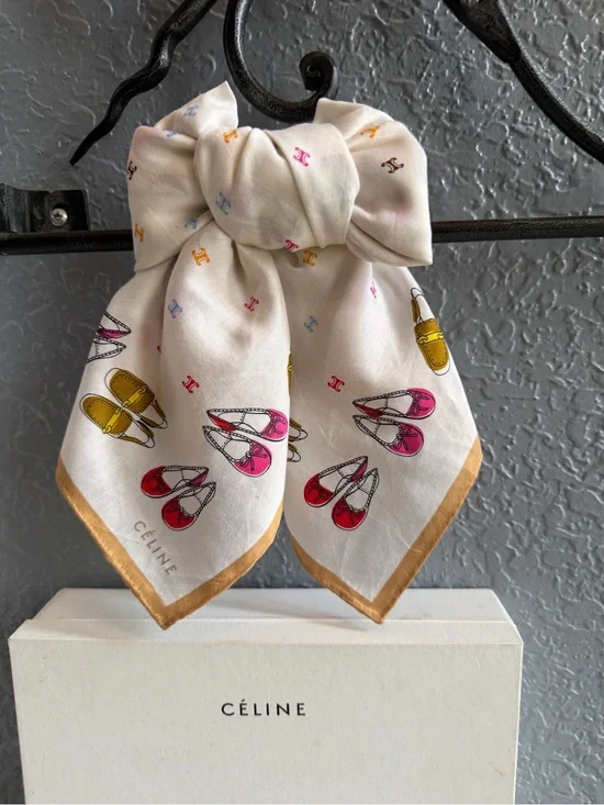 Céline Macadam Blazon White Cotton Square Scarf Whimsical Shoes Print