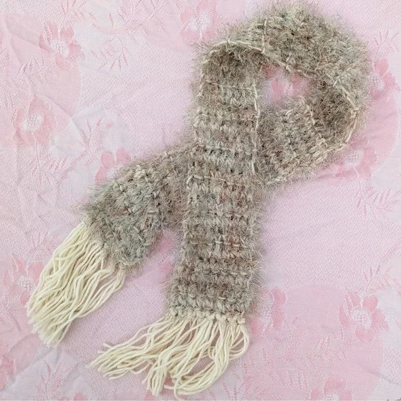 Cream Fringe Knit Scarf‎ Fuzzy Eyelash Open Weave Boho Fairycore 49x3.5