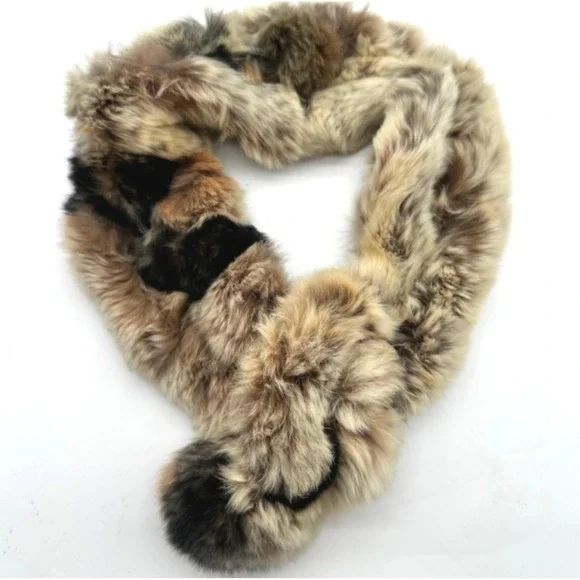 Vintage 80s Real Rabbit Fur Scarf Multi Color Pom Pom Stole Neck Wrap