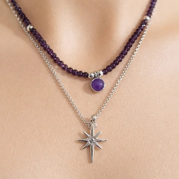 Silver tone Star Pendant & Purple Beaded Necklace Set - Stylish Women's Jewelry