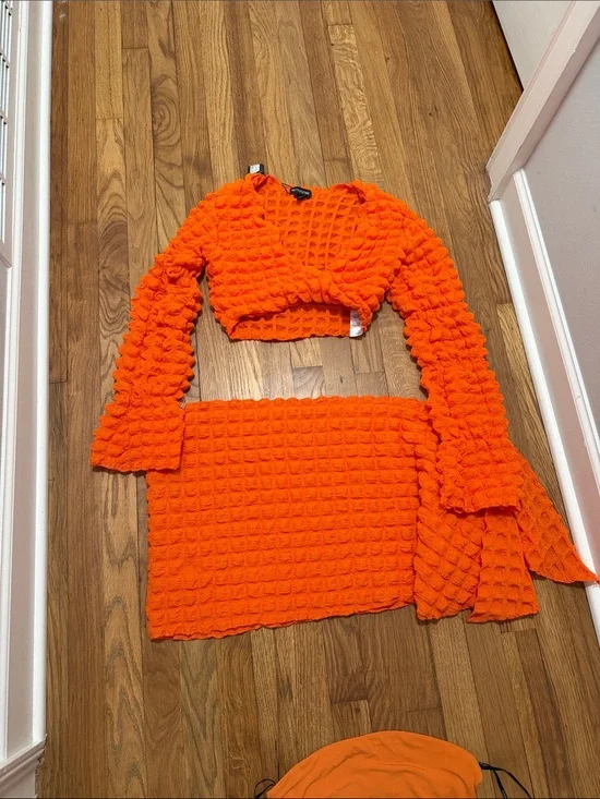 PrettyLittleThing Bright Orange Textured Two-Piece Swim Coverup Set