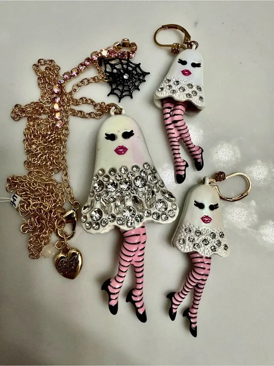 Betsey Johnson White & Pink Crystal Ghost Necklace and Earring Set