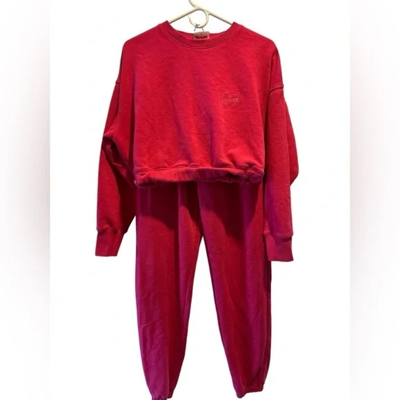 Bo + Tee UK brand hot pink cropped sweatshirt matching sweatpants thick set