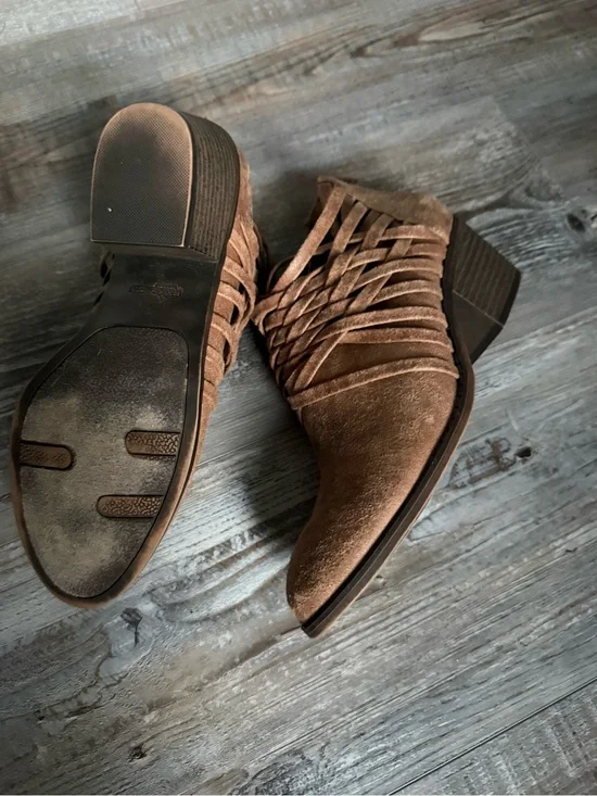Women's Brown Suede Ankle Booties with Woven Side Detail
