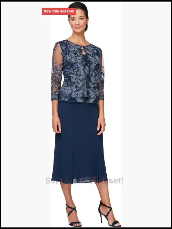 Tea Length Jacket Dress Set Formal Wedding Guest A-Line Polyester