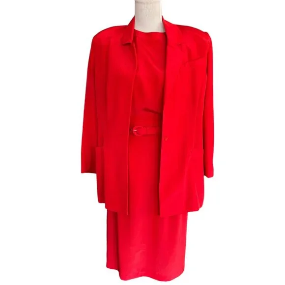 Vintage 80s Argenti Petites 2 piece Red Dress with belt and blazer sz 4‎