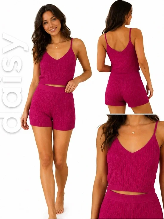Daisy Pink Cable Knit Viscose Lounge Set Size Large Matching Tank & Shorts beach