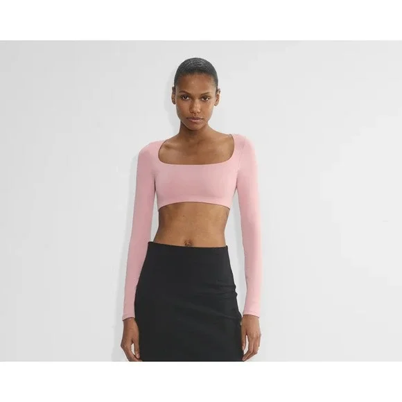 Aritzia Babaton‎ Contour Crop Top Womens Medium Black Long Sleeve Squareneck