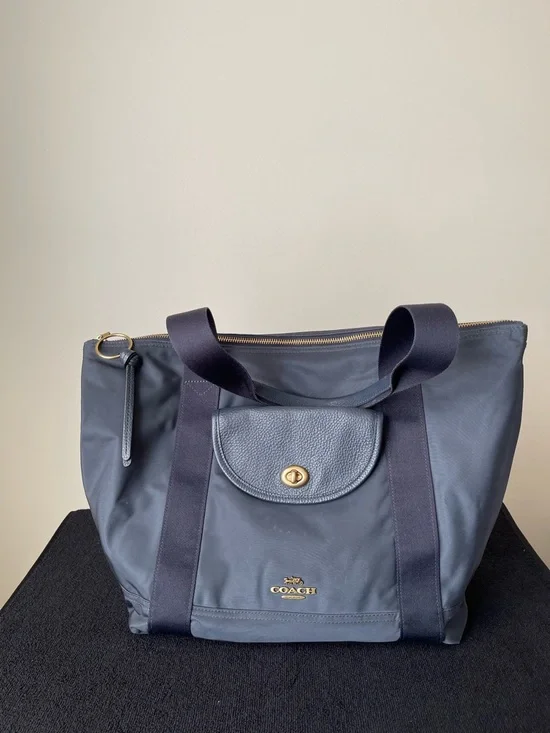 COACH Navy Blue Nylon Tote with Gold Hardware
