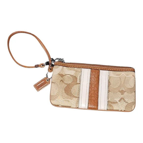 Coach Wristlet Signature Canvas Logo Leather Trim Brown, beige and cream