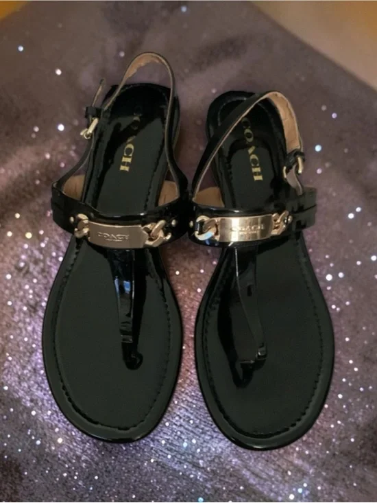 Coach Black Patent Leather T-Strap Sandals with Gold Hardware