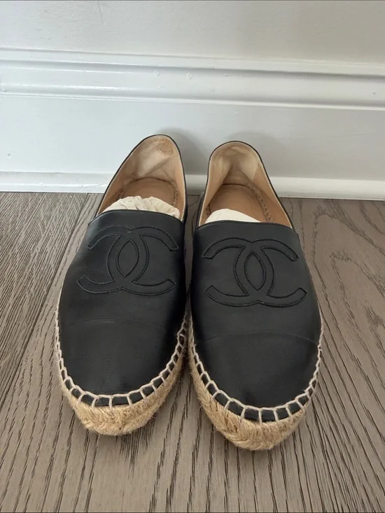 Chanel Black Leather Espadrille Slip-Ons with Logo Detail