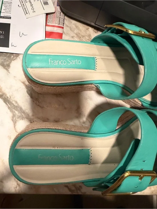 Franco Sarto Turquoise Espadrille Slide Sandals with Gold Buckle