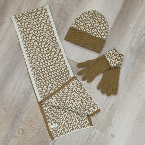 MICHAEL KORS Brown and Cream Knit Scarf, Hat, and Gloves Set!