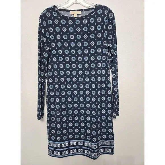 Michael Kors Women's Sheath‎ Midi Geometric Blue Dress Size Small