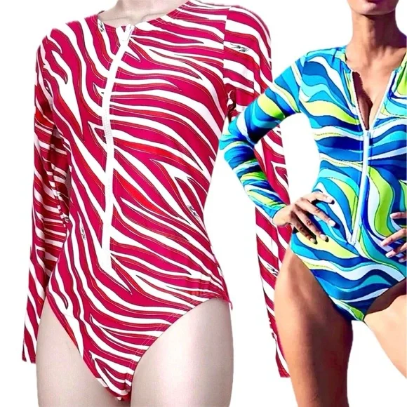 - Michael Kors Sz 8 Electric Pink Zebra Long Sleeve Surf Swimsuit! NEW!