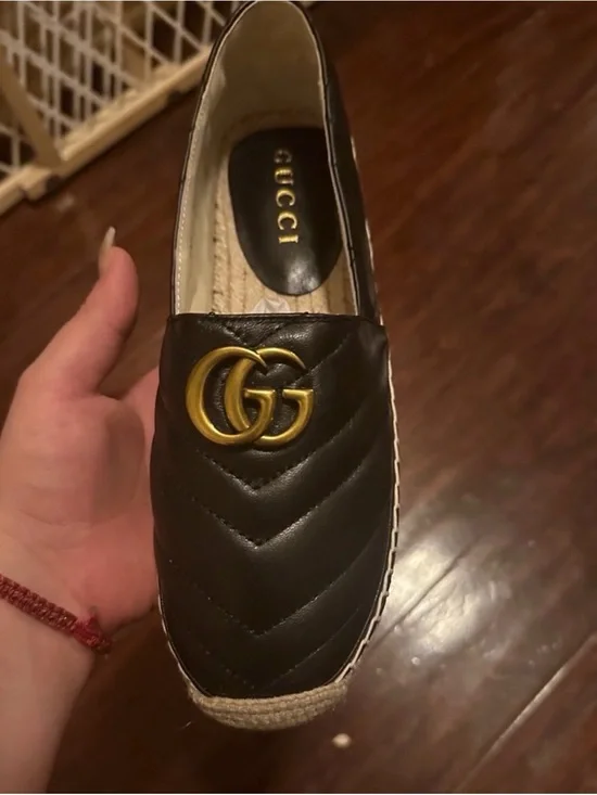 Gucci Black Quilted Leather Espadrille with Gold Double G