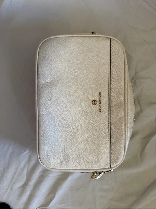 Michael Kors Cream Pebbled Leather Cosmetic Pouch with Gold Accents