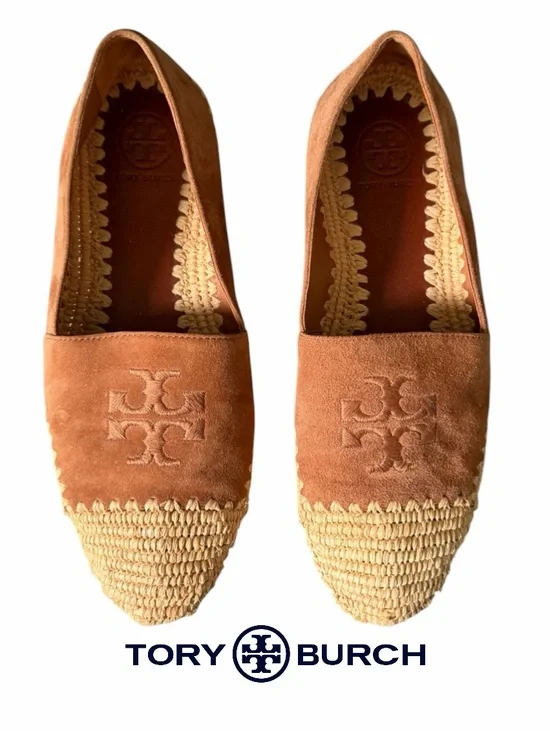 Tory Burch Arianne Tan Suede & Raffia Espadrille Flats embroidered double T 6