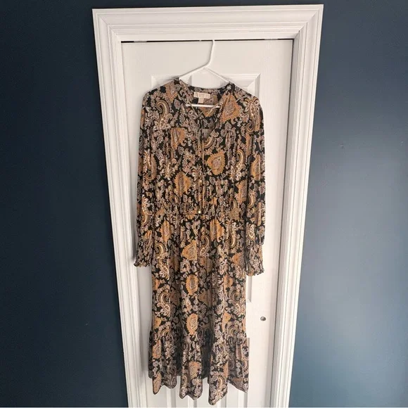 Michael Kors Long Sleeve Paisley Midi Dress in Black and Gold