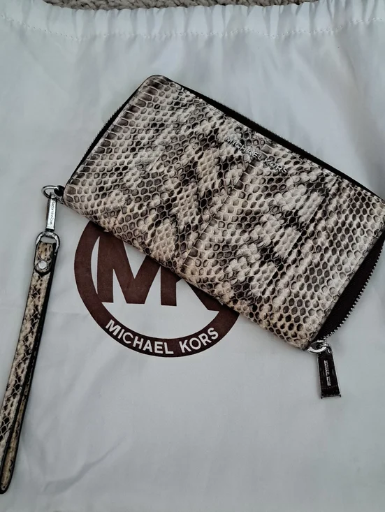 Michael Kors Snake-Print Zip Wallet/ Smartphone Wristlet in Beige and Black