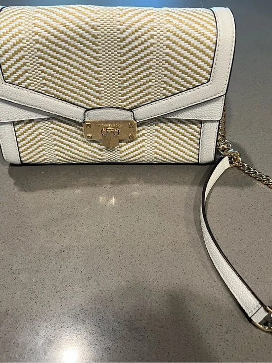 Michael Kors White and Beige Woven Leather-Trim Crossbody