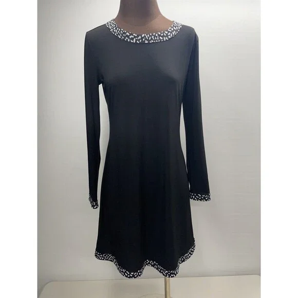 Michael Kors Black Long Sleeve Dress w/ Black & White Animal Print Trim Size M